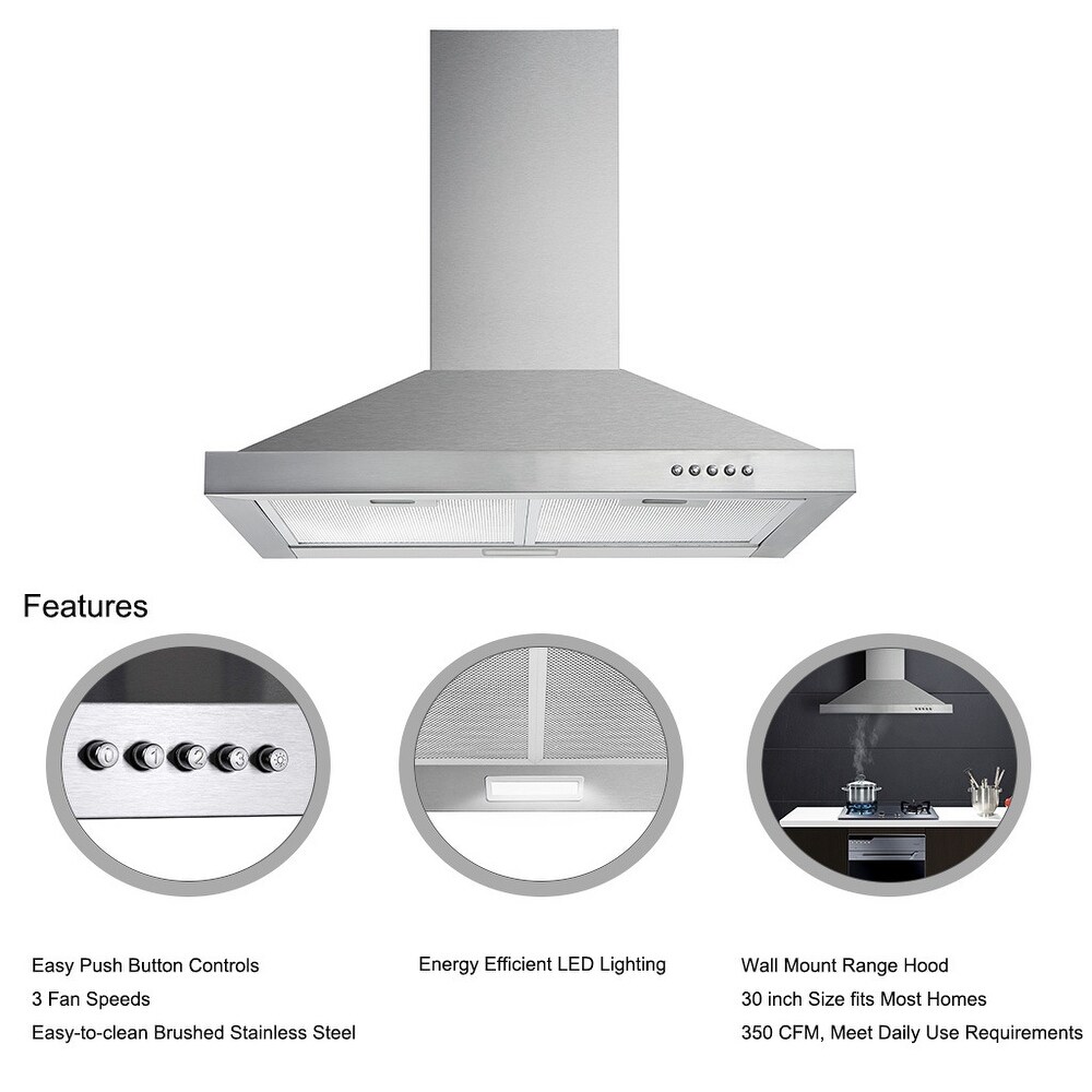 30 inch Wall Mounted Kitchen Range Hood Stainless Steel 450 CFM Vent LED Lamp 3 Speed New