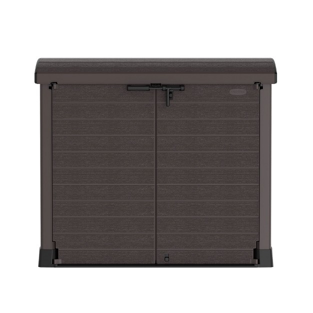 Duramax Cedargrain Storeaway 1200 Liter Capacity Outdoor Deck amp Garden Storage Box W Panel Doors amp Arc Lid For Patios Pool Areas amp Driveways Brown