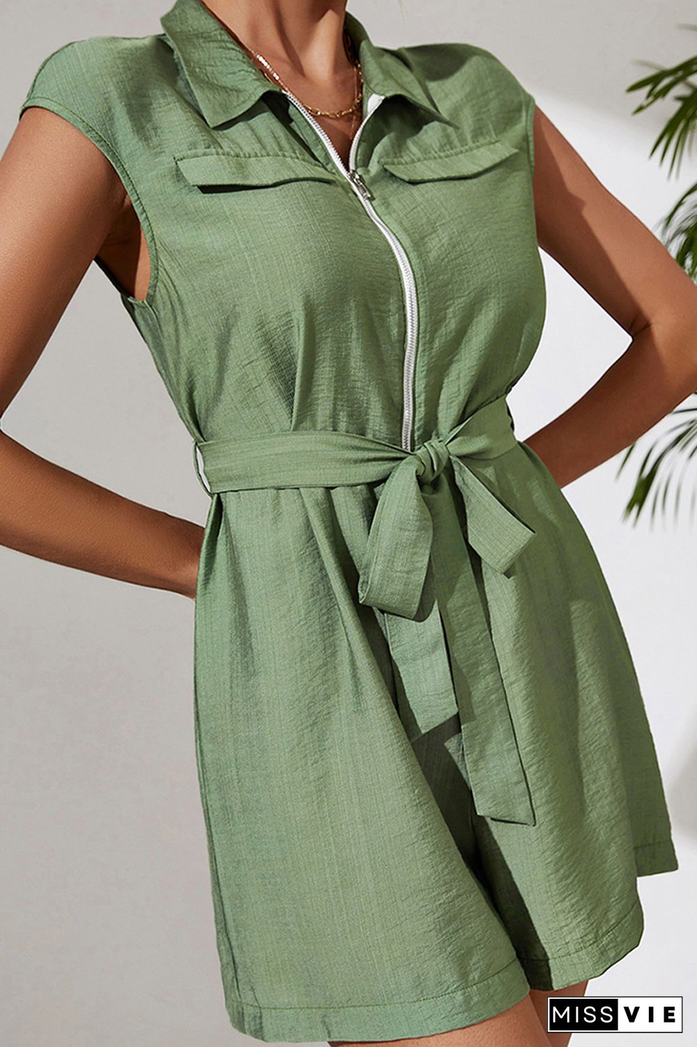 Green Turn Down Collar Zipper Romper