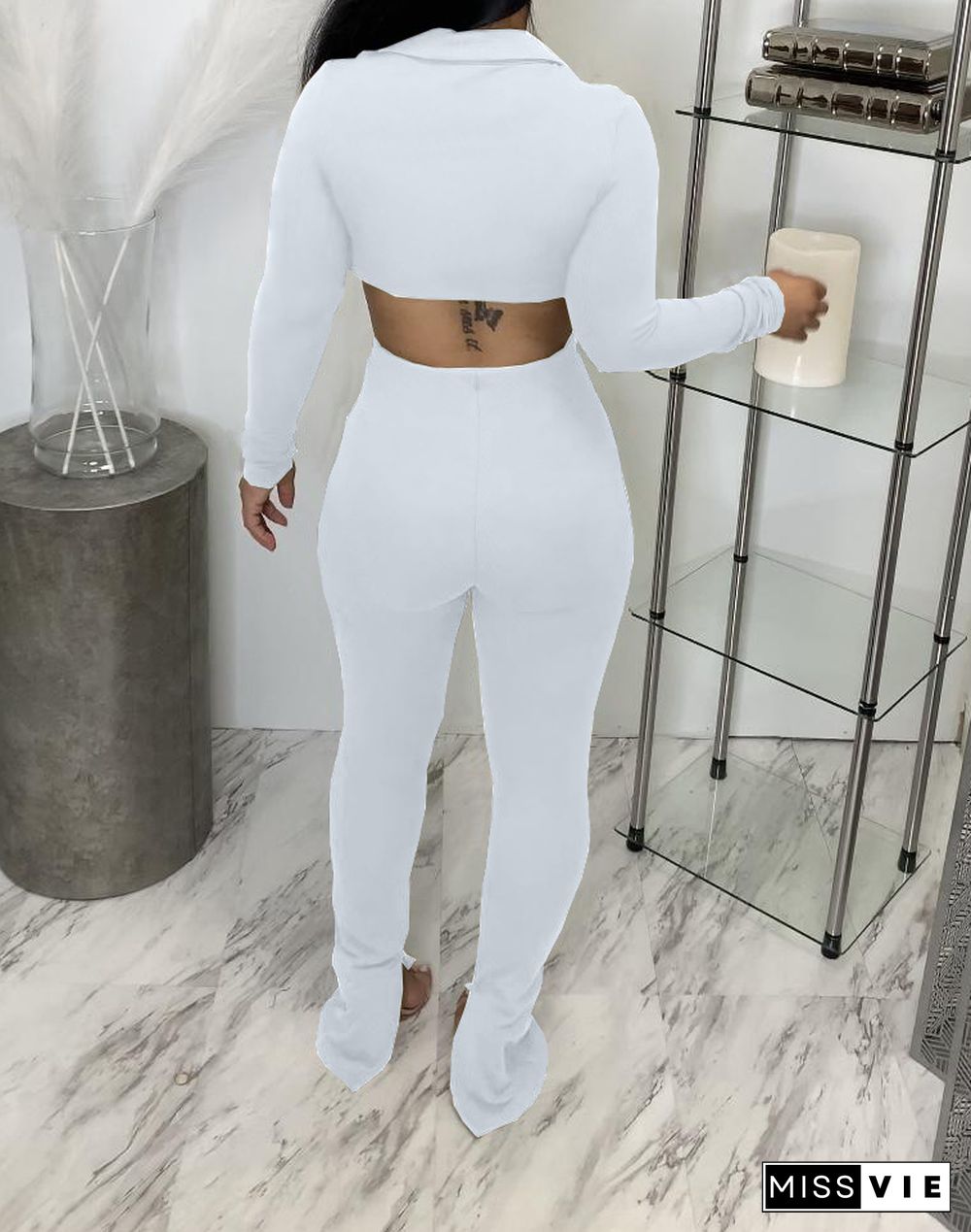 Solid Long Sleeve Button Up Crop Top Slit Pants Set