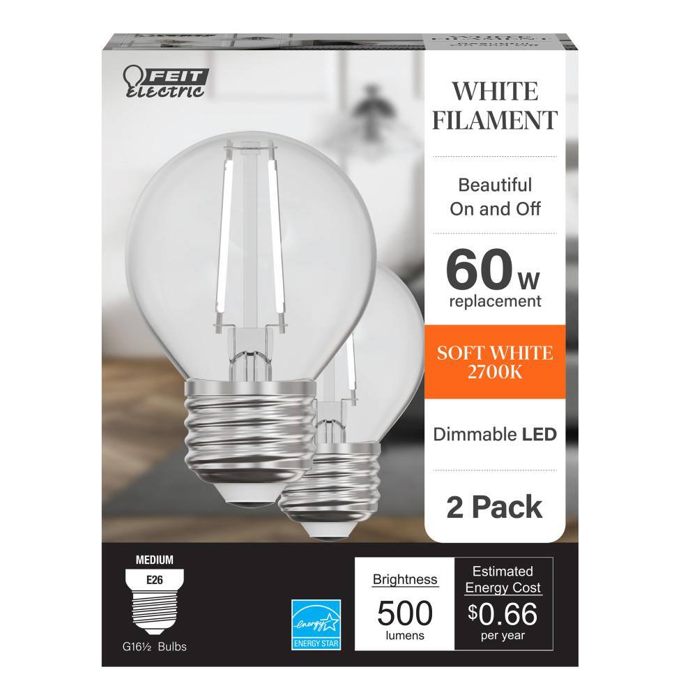 Feit Electric 60-Watt Equivalent G16.5 E26 Standard Dimmable White Filament CEC Clear Glass LED Light Bulb Soft White 2700K (2-Pack) GM1660927CAWFILHDRP2