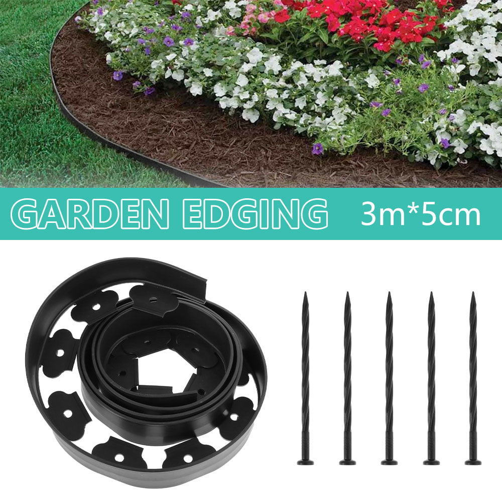 Willstar Flexible Garden Edge Border Wall, Plastic Garden Grass Lawn Edge with 5 Fixing Nails No-Dig Lands (Black - 3m)