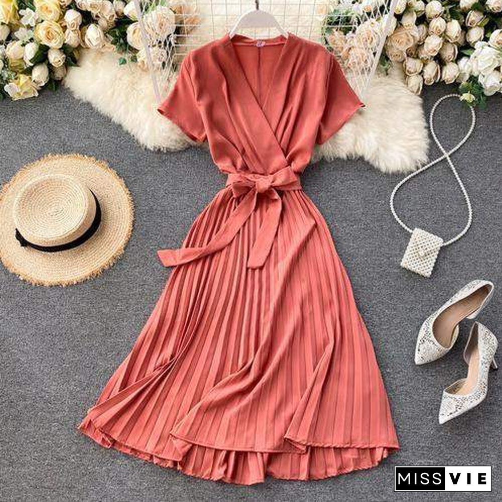 Autumn Fashion New Female Solid Pleated Dress Women V neck Short Sleeves Sashes Long Dresses Summer Streetwear Vintage