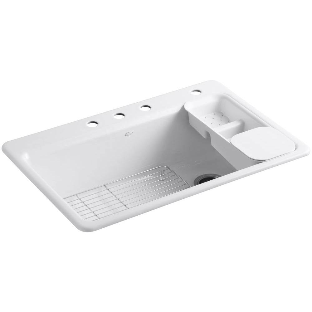 KOHLER Riverby Workstation Drop-In Cast Iron 33 in. 4-Hole Single Bowl Kitchen Sink Kit with Included Accessories in White K-5871-4A2-0