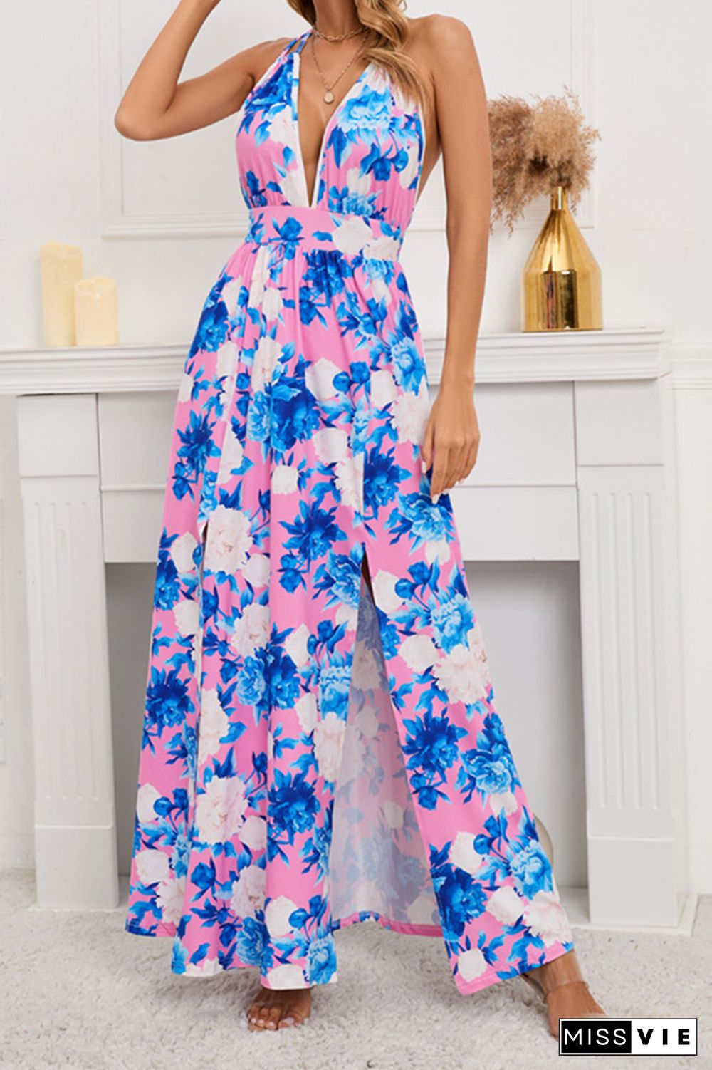 V Neck Halter Backless High Split Floral Maxi Dress