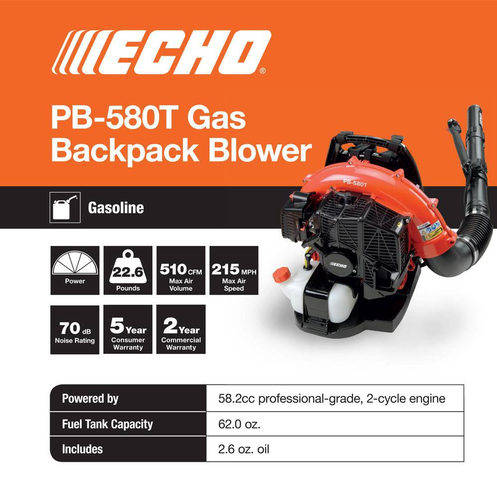 ECHO 216 MPH 517 CFM 58.2cc Gas 2-Stroke Backpack Leaf Blower with Tube Throttle PB-580T