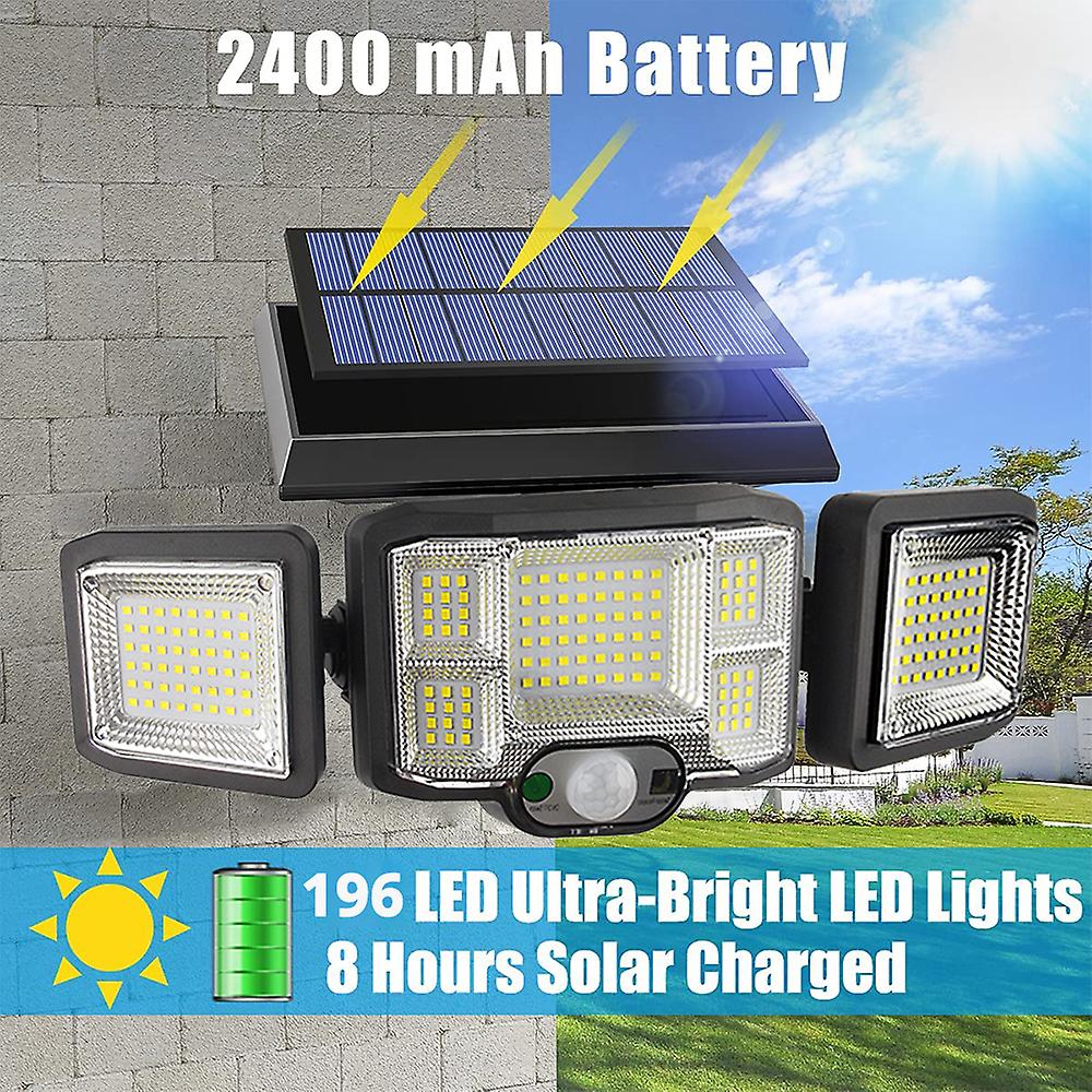 192 Smd Cob Led Outdoor Solar Lights 3 Heads Wall Lamp Motion Sensor 270 Wide Angle Illumination Waterproof With Remote Control