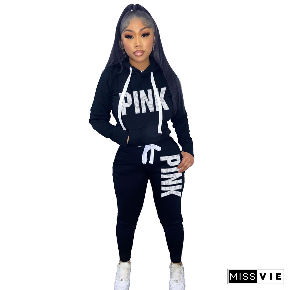 PINK Letter Print Hoodie Sweatshirt 2 Piece Pants Sets