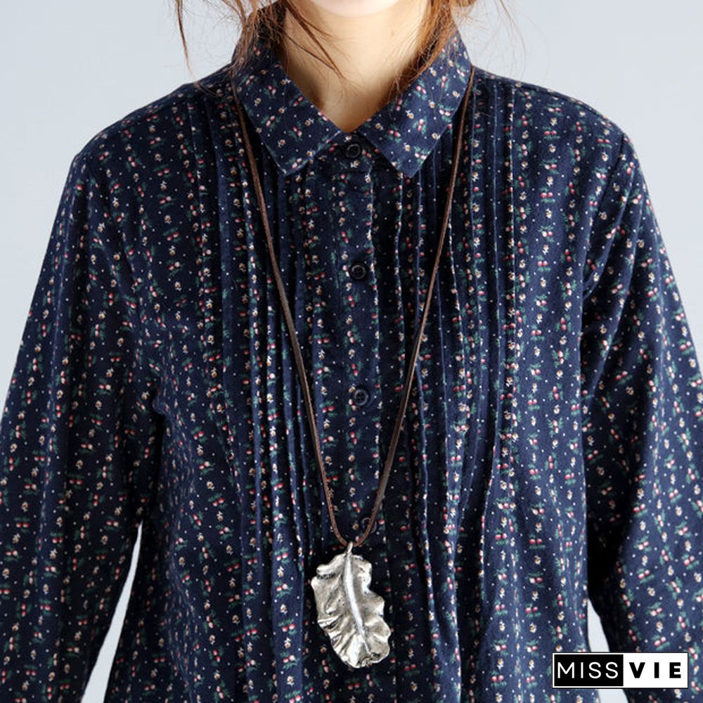 fashion navy print Midi cotton pullover oversize New long sleeve Cinched Turn-down Collar lace cotton blouses