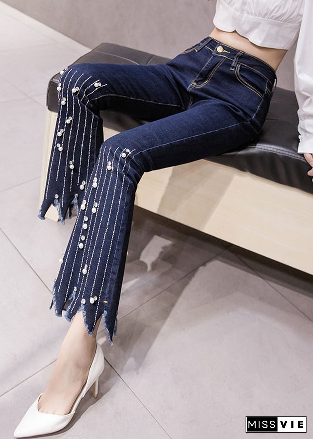 Women Blue High Waist Button Tassel Crop Jeans Spring