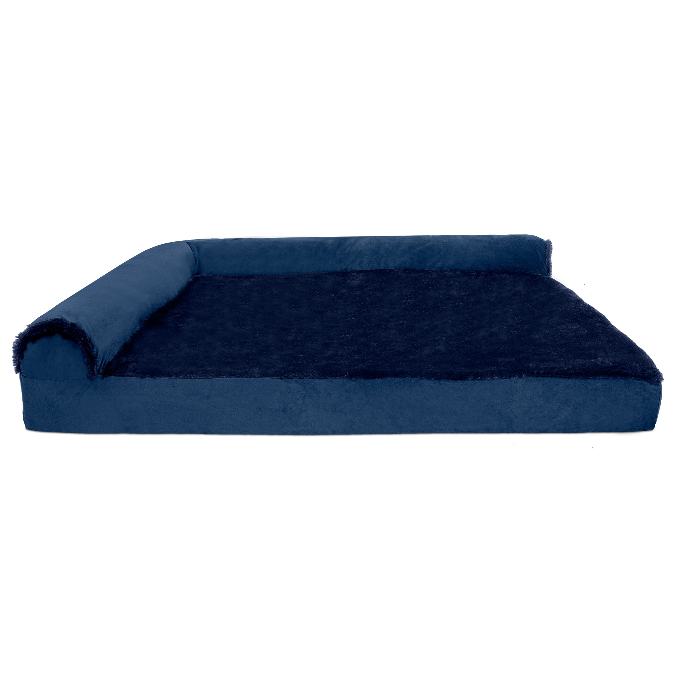 FurHaven | Deluxe Orthopedic Plush and Velvet L-Chaise Lounge Pet Bed for Dogs and Cats， Deep Sapphire， Jumbo Plus