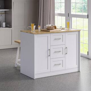 Twin Star Home Brilliant White Wood 45.5 in. Traditional Kitchen Island with Butcher Block Top KI972-PF08