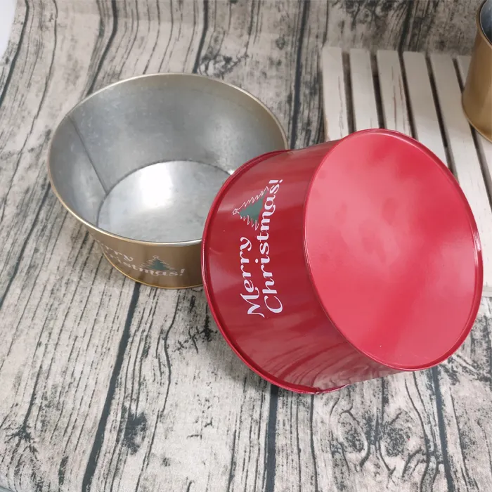 Custom round red metal buckets for decoration Christmas gift tree bases pot