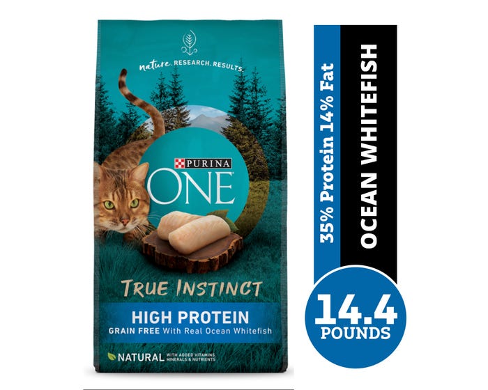 Purina ONE True Instinct Grain Free with Real Ocean Whitefish Adult Dry Cat Food， 14.4 lb. Bag