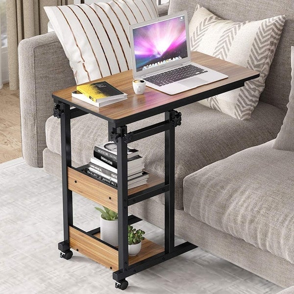 Height Adjustable C Table with Storage Shelves and Wheels， Mobile Sofa Side Table End Table Snack Table