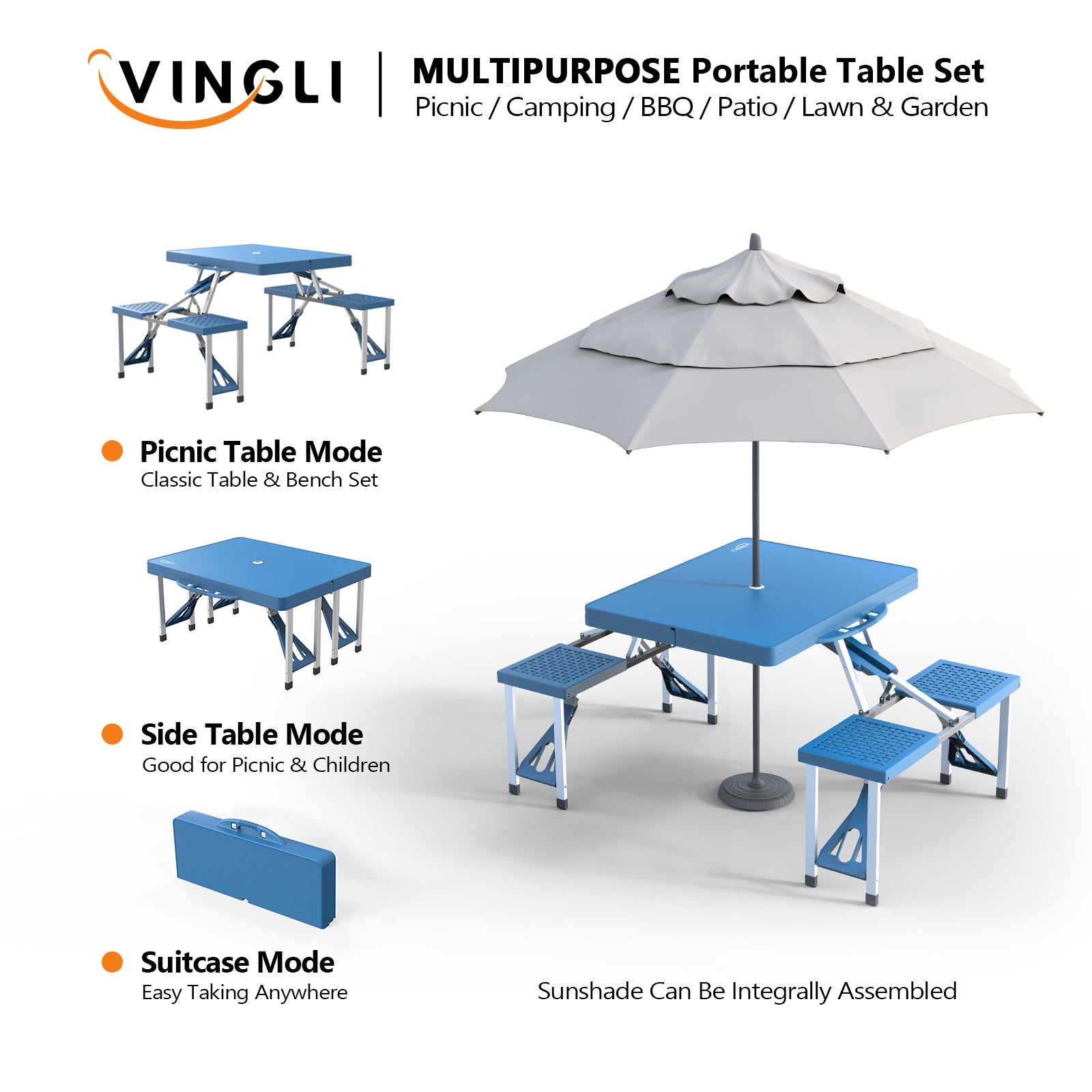 VINGLI Camping Picnic Portable Folding Table Set with 4 Seats and Umbrella Hole， Blue