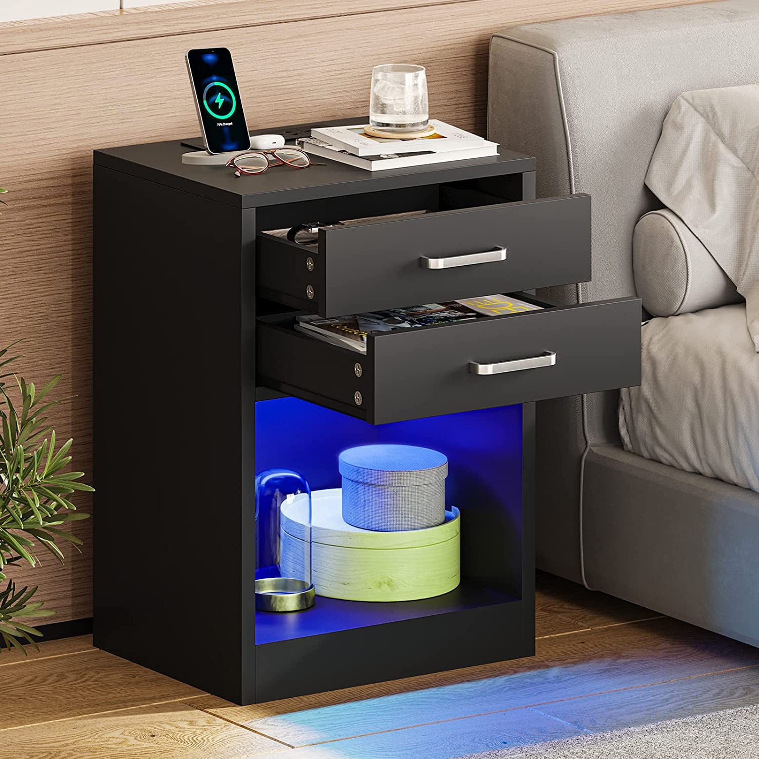 Black LED Nightstand Set of 2 with Charging Station End Side Table with 2 Drawers & LED Lights, Modern Bedside Table for Bedroom, 2 USB Ports and 2 Power Outlets