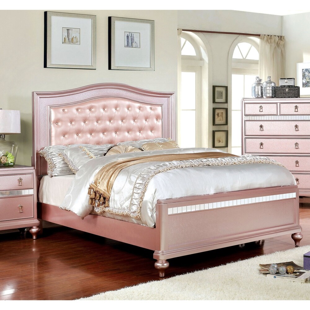 Gibson Transitional Rose Gold Wood Button Tufted Panel Bed with Padded Faux Leather Headboard by Silver Orchid