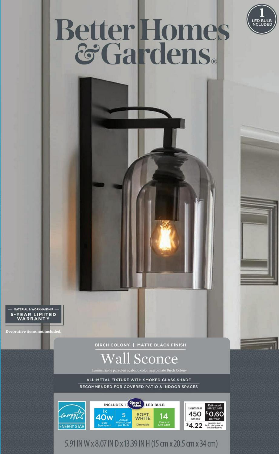 Better Homes and Gardens Dome Indoor Wall Sconce Black， 1 A15 Bulb Included