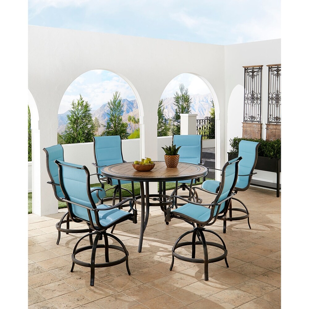 Hanover Monaco 7 Piece High Dining Set in Blue with 6 Padded Counter Height Swivel Chairs and a 56 In. Tile Top Table