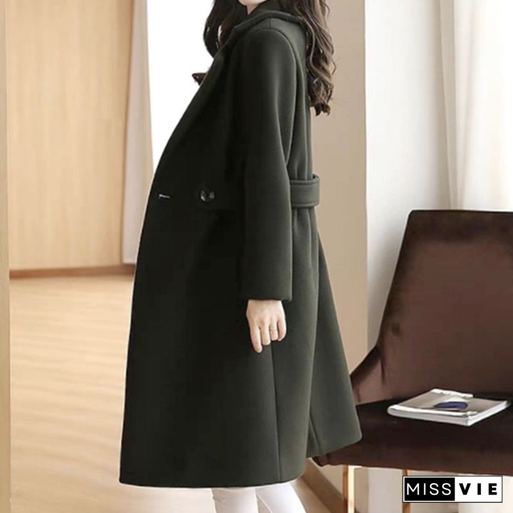 Winter Clothes Wool Coat Belt Slim Women Coat Korean Autumn Female Woolen Coat Fashion Double-breasted Jacket Elegant Blend