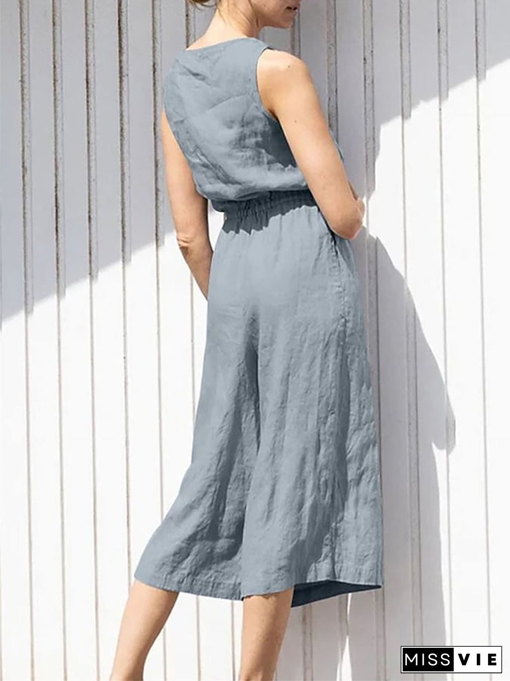 Sleeveless Solid Button Elastic Waist Cotton Linen Wide Leg Jumpsuit