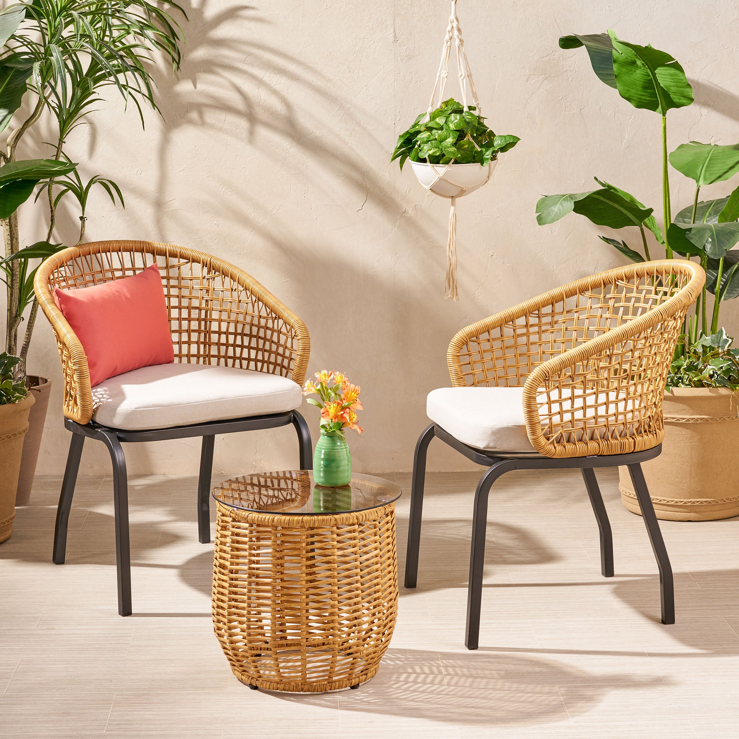 Herbert Outdoor Wicker 3 Piece Chat Set with Side Table