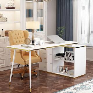 FUFUGAGA 55.1 in. Width L-Shaped White And Golden Wooden 3-Drawer Writing Desk Computer Desk with 2 Open Shelves LBB-KF020288-01