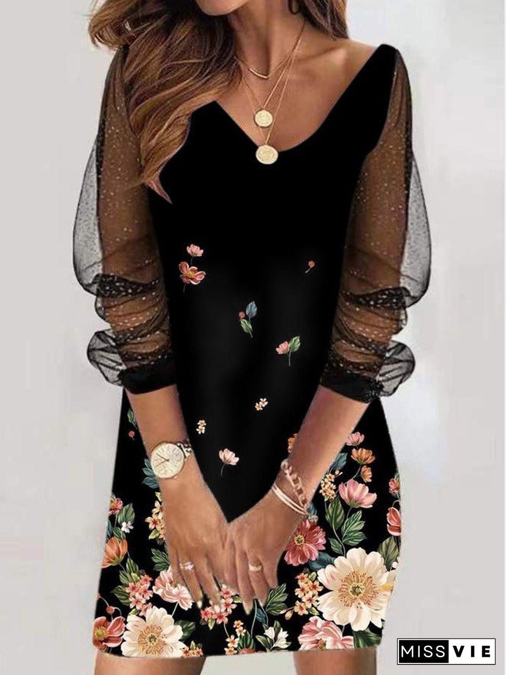 Women's Long Sleeve V-neck Stitching Graphic Midi Dress