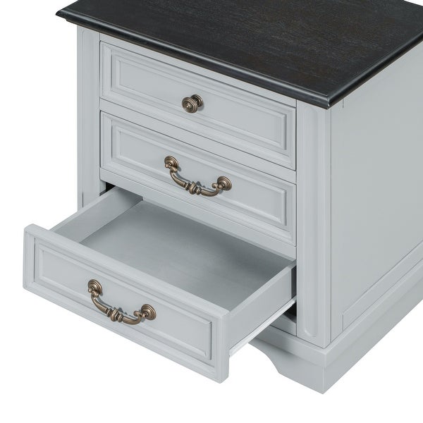 Modern Vintage Nightstand with 3 Drawers， Premium Top， 4 legs， Bedside Table - - 37797714