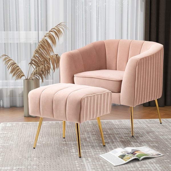 Modern Velvet Barrel Arm Accent Chair with Ottoman