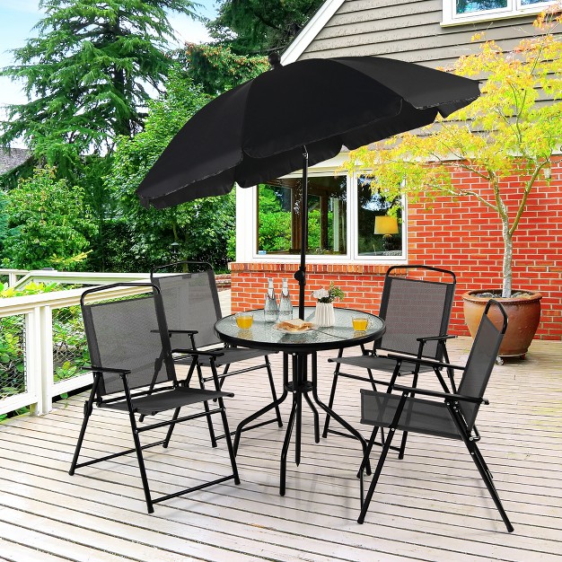 Costway 6 Pcs Patio Dining Set Folding Chairs Glass Table Tilt Umbrella Garden