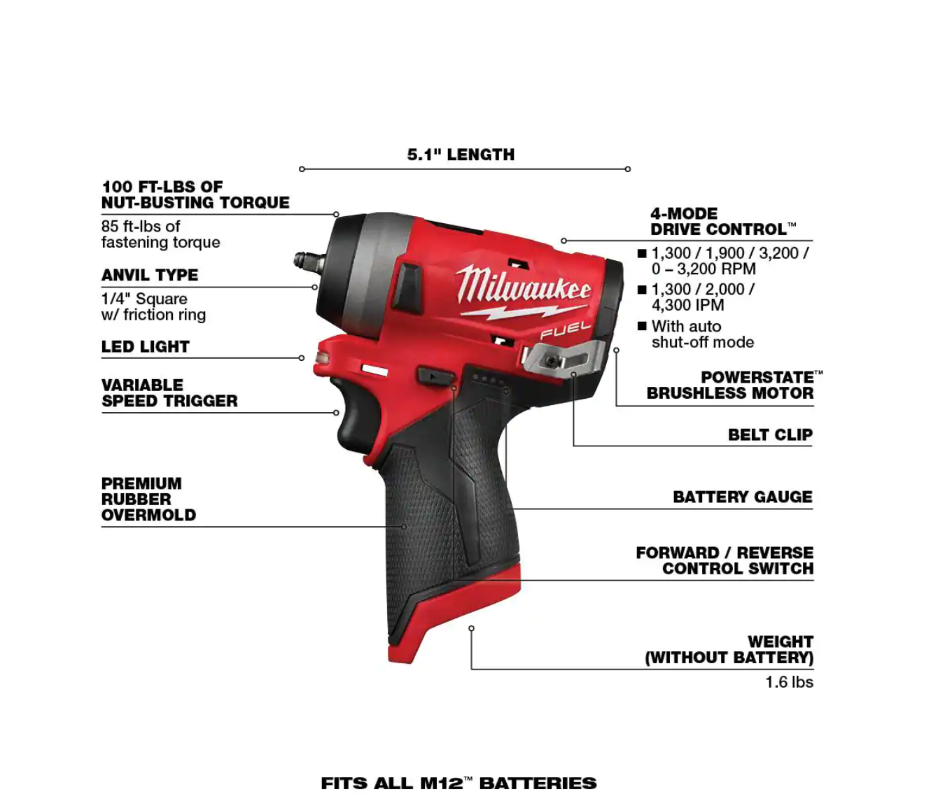 Milwaukee 2554-20-2555-20-48-11-2412 M12 FUEL 12V Lithium-Ion Brushless Cordless Stubby 3/8 in. and 1/2 in. Impact Wrenches with two 3.0 Ah Batteries