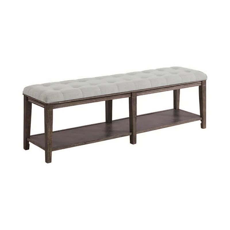 Bench with Button Tufted Seat and Open Shelf， Beige