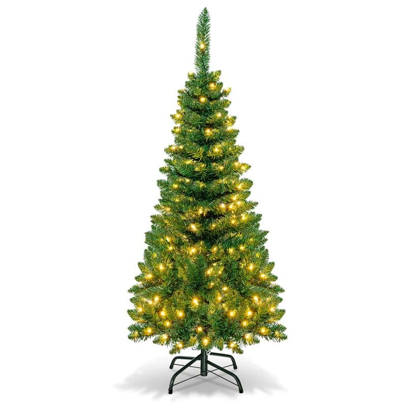 4.5/6.5/7.5FT Pre-Lit Artificial Slim Pencil Christmas Tree with Hinged Branch Tips, LED Lights & Solid Metal Stand