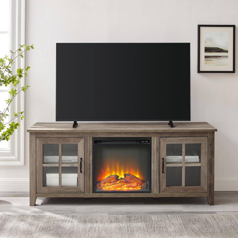 Welwick Designs 58 in. Grey Wash Wood and Glass Transitional 2-Door Windowpane Fireplace TV Stand Fits TVs up to 65 in. HD9150