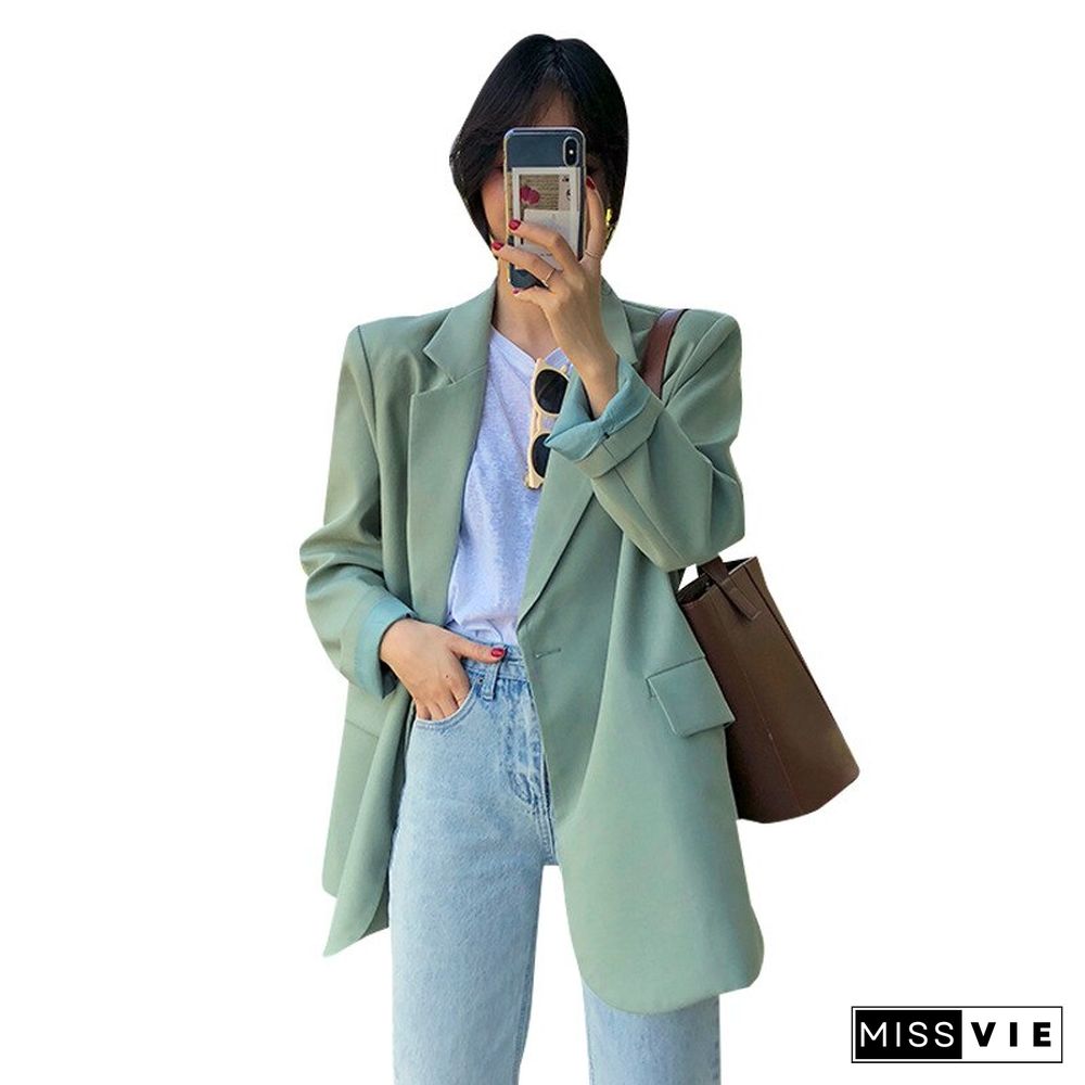 Women'S Jackets Spring New Korean Style Loose Temperament Suit Blazer Casual Light Green One Button Female Suit Jacket