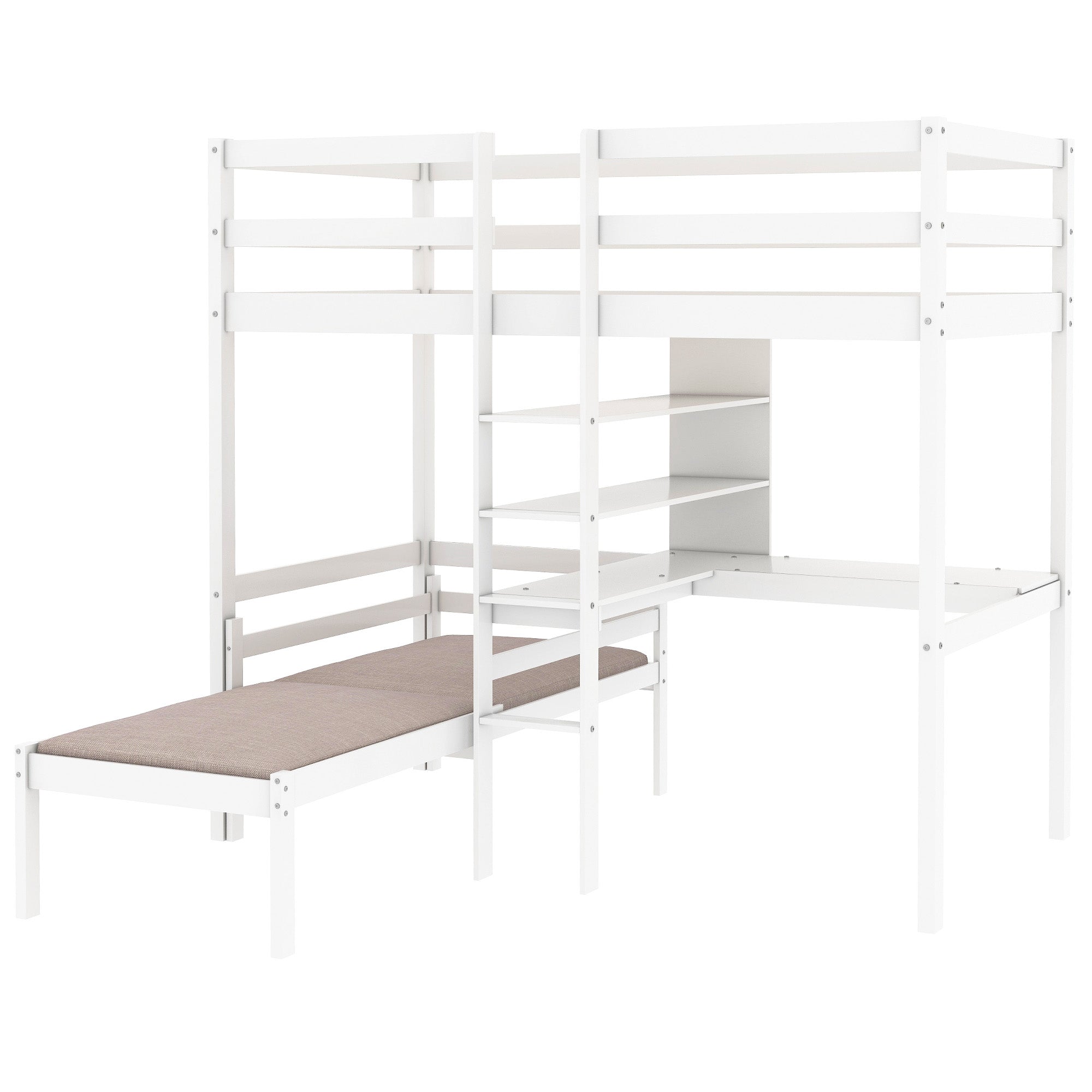 Euroco Twin Size Wood Bunk Bed with Shelves & Desk for Kids Bedroom, White