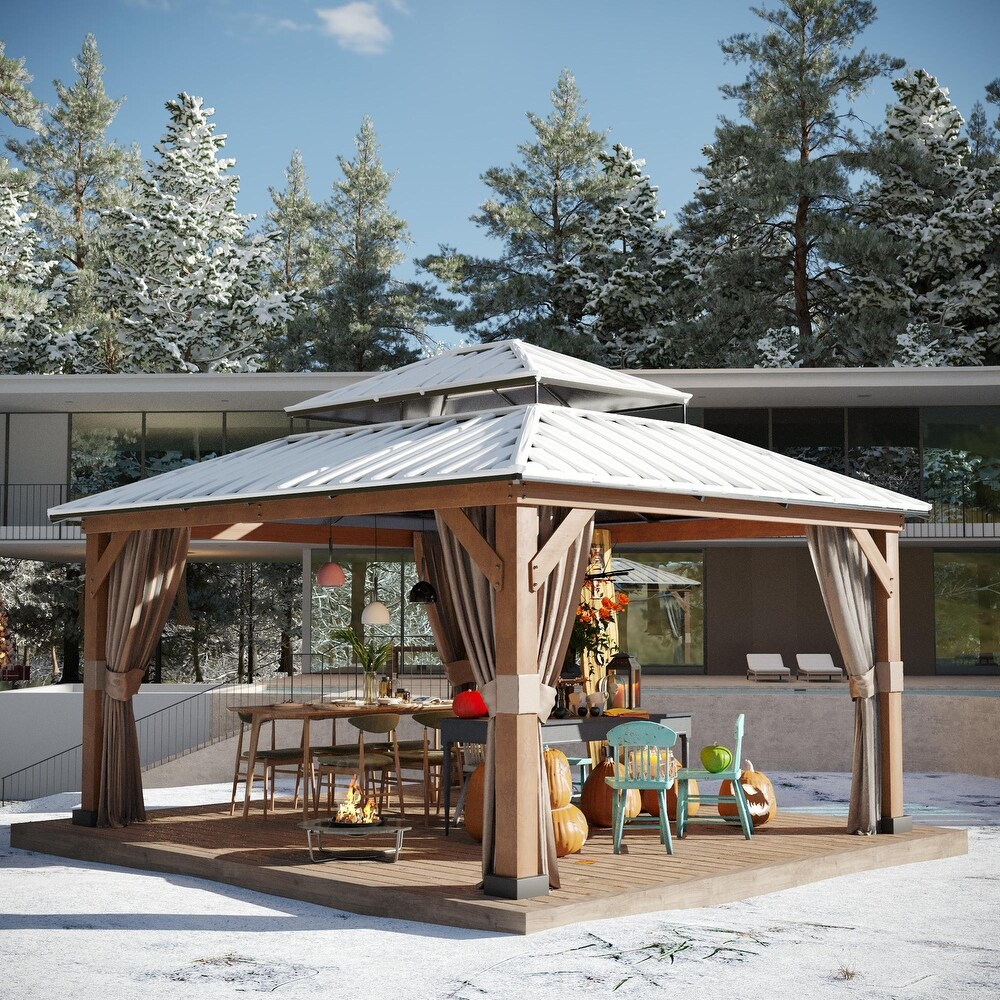 Cozywor 15 ft. x 13 ft. Wood Grain Aluminum Double Roof Hardtop Gazebo