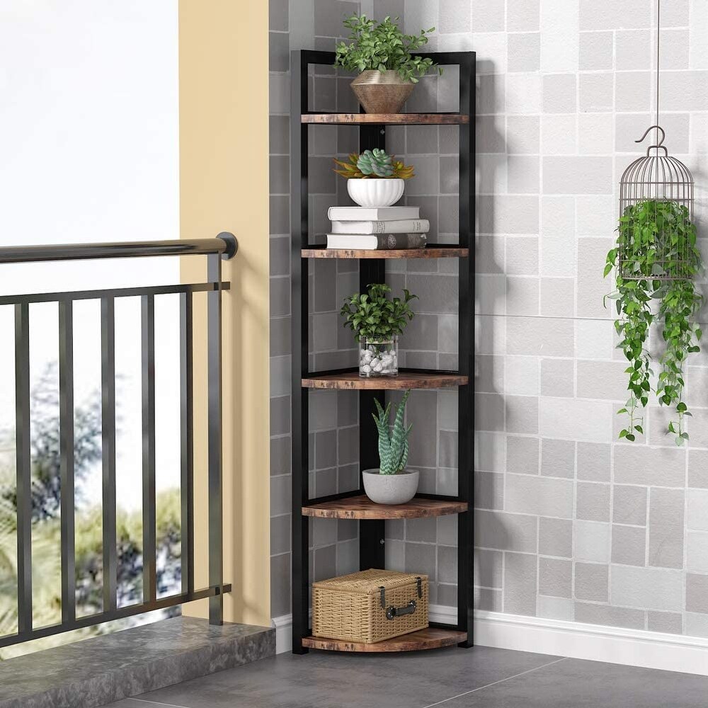 Rustic 5 Tier Corner Shelf Stand Corner Bookshelf Bookcase Plant Shelf