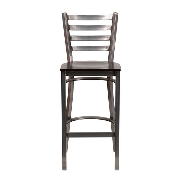 Offex Clear Coated Ladder Back Metal Restaurant Barstool - Walnut Wood Seat