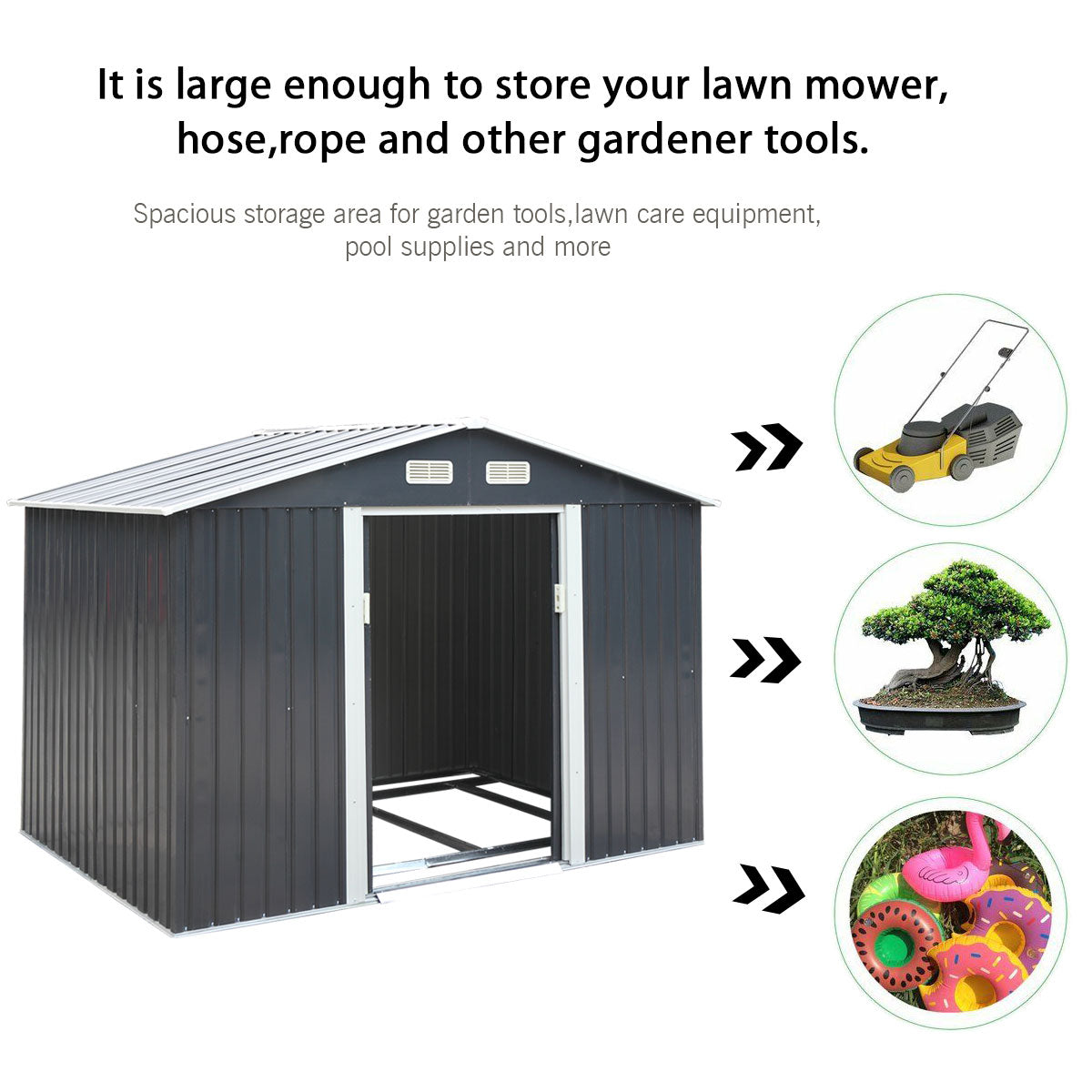 Jaxpety 6.3 x 9.1 ft Large Garden Storage Shed Galvanized Steel Outdoor Tool House with Sliding Door, Roof and 4 Vents, Dark Gray