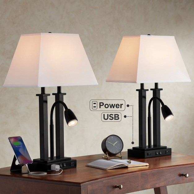 High Industrial Desk Lamps Set Of 2 Usb Port Ac Power Outlet Gooseneck Black Metal Home Office Living Room Charging