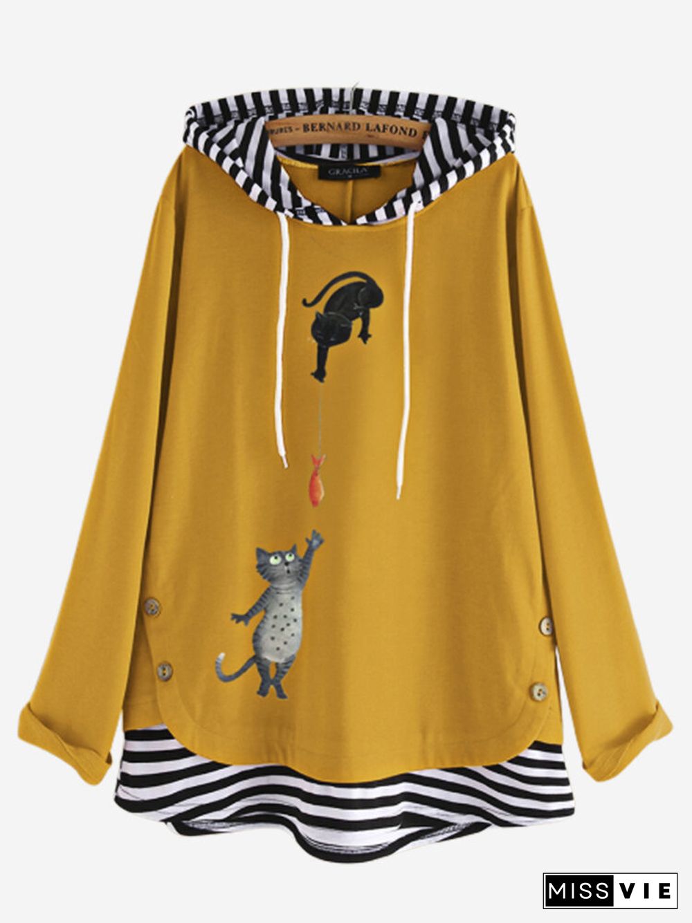 Stripe Patchwork Cartoon Print Long Sleeve Hoodie