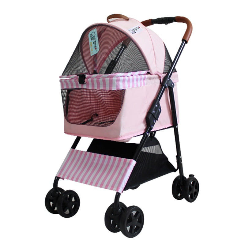 Portable Pet Stroller Cat Trolley， Dog Travel Cart Pram Shockproof Pet Detachable Strolling Cart， Puppy Pushchair Four-wheeled， One Click Quick Folding - Pink