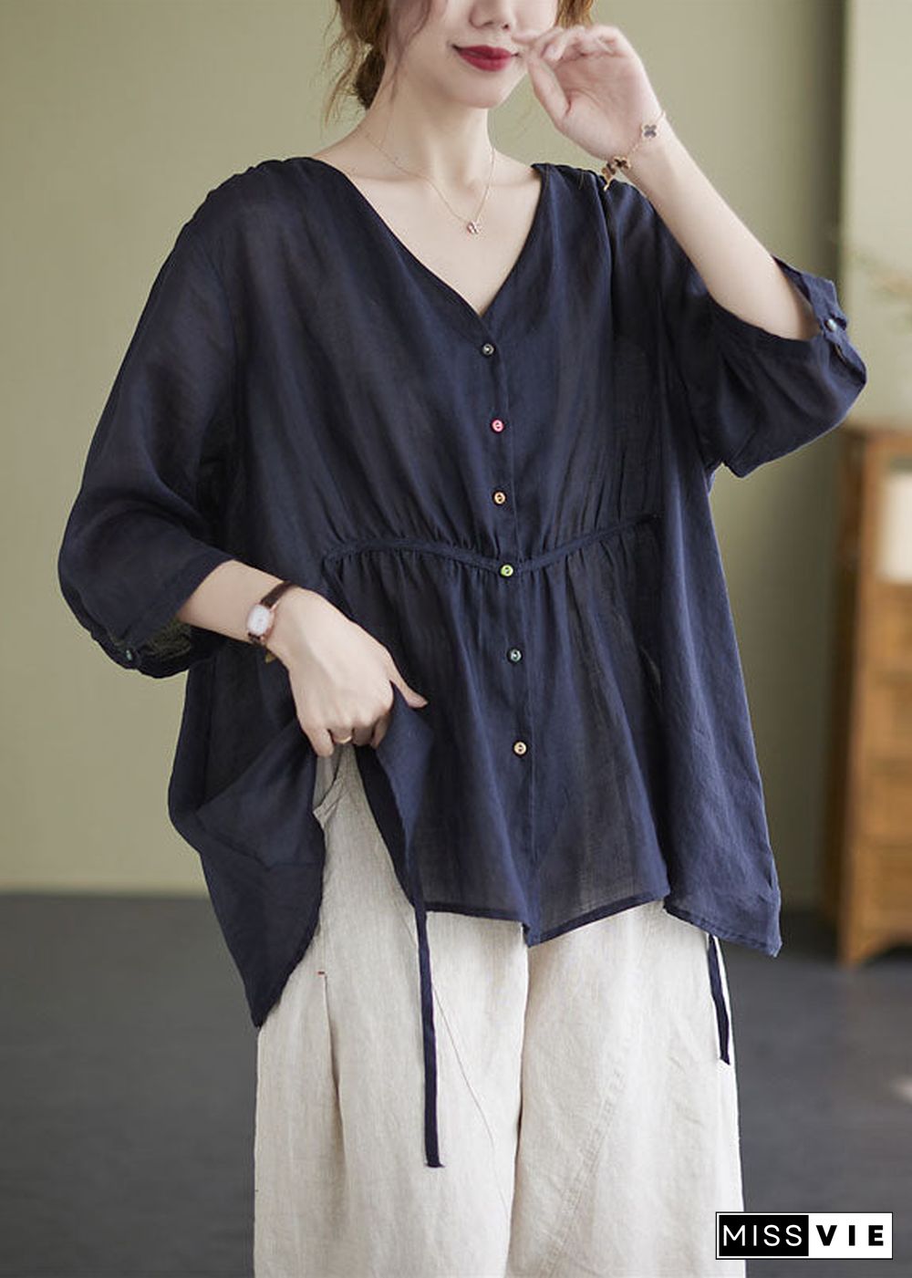 Fashion Navy Loose Button tie waist asymmetrical design Fall Three Quarter sleeve Shirt Top