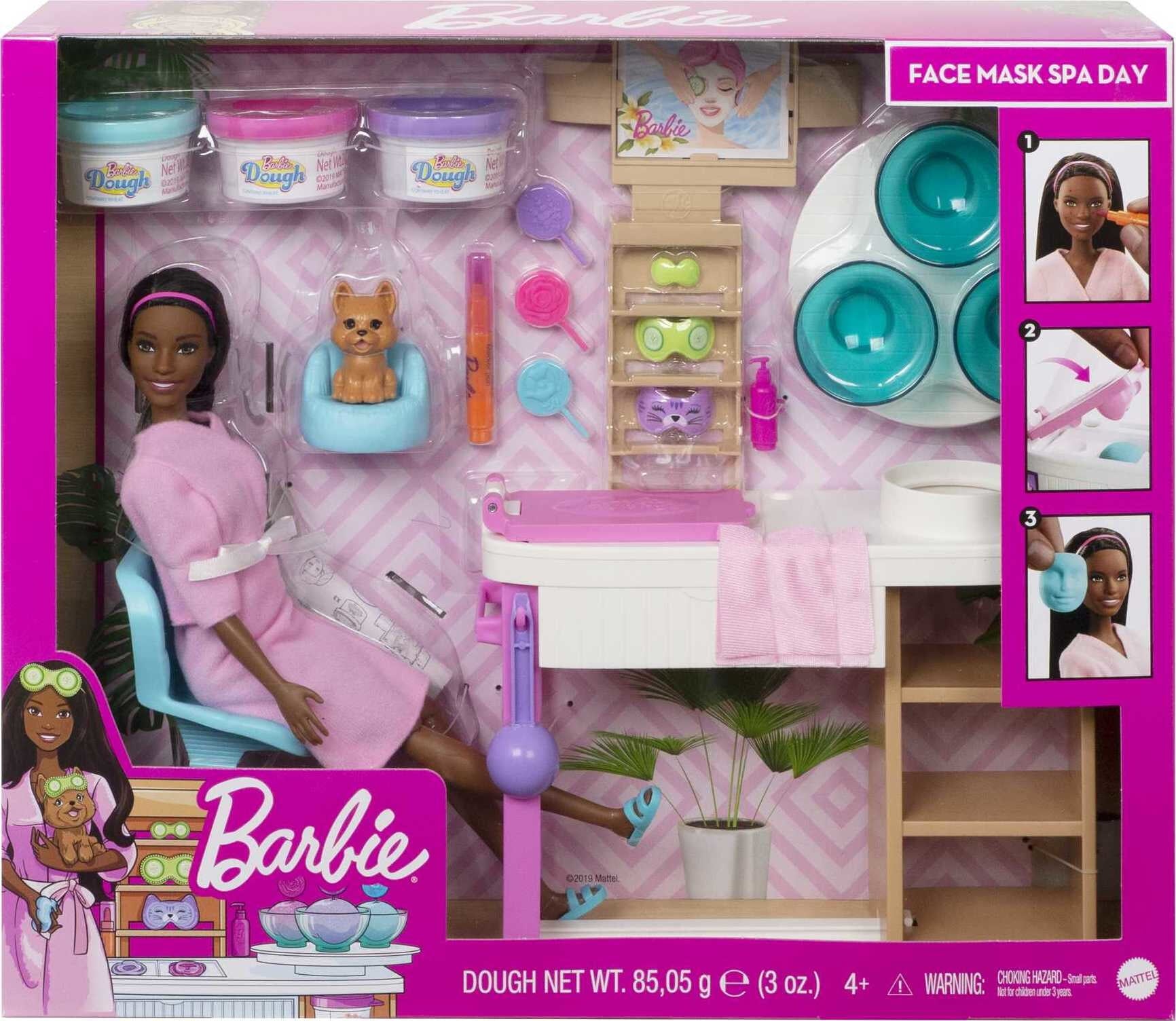 Barbie Face Mask Spa Day Playset, Brunette Doll and 10+ Accessories Including Puppy, Mask Mold and Dough