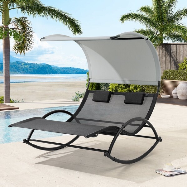 Outdoor Double Chaise Lounge Chair Rocking Lounger with Sunshade Canopy