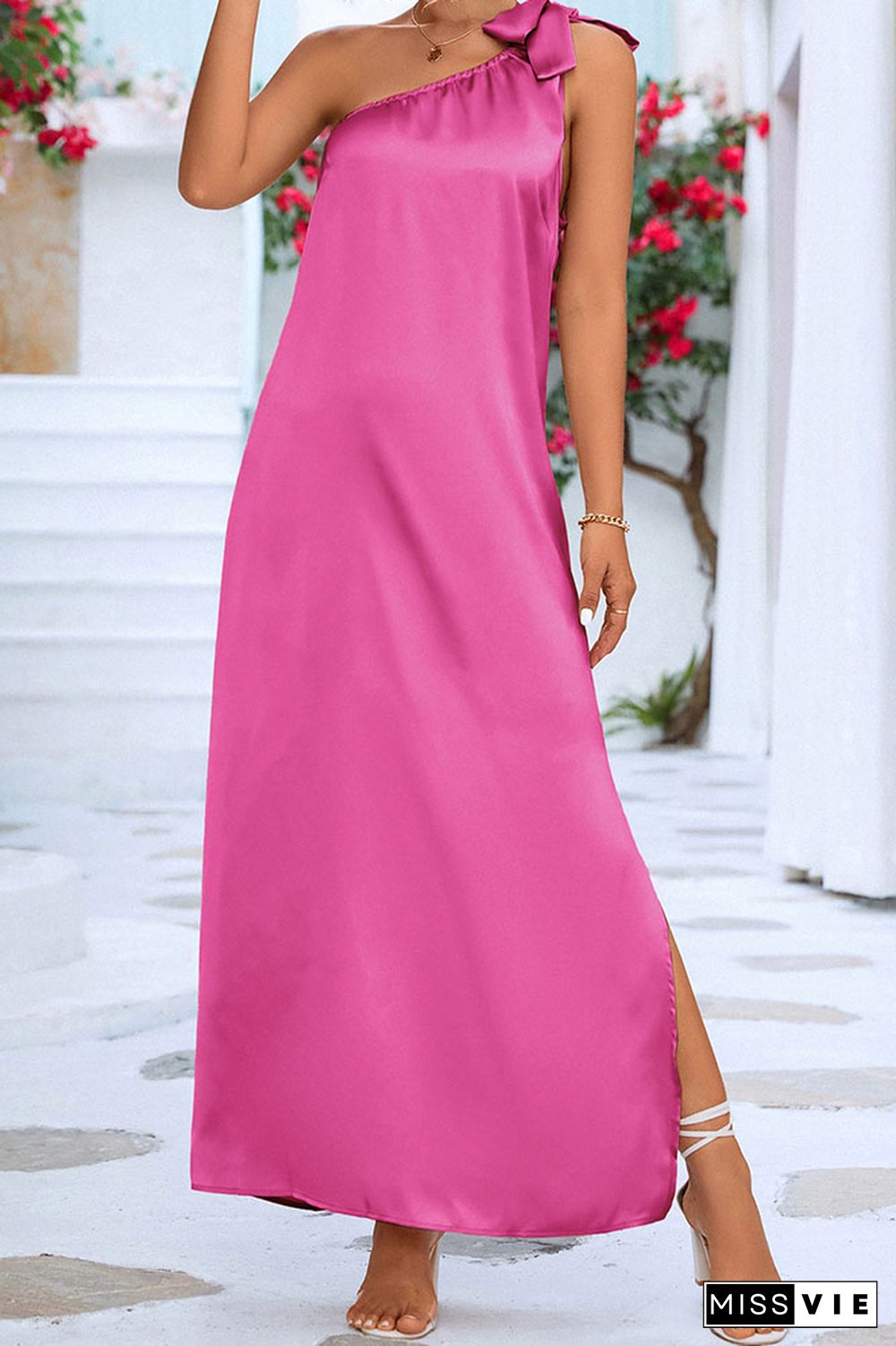 One Shoulder Tie Knot Split Maxi Dress