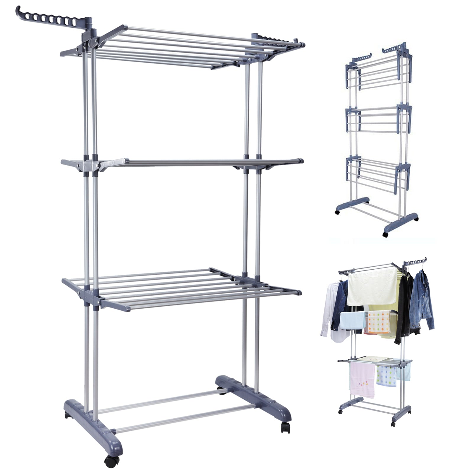 Voilamart Clothes Drying Rack, 3-Tier Collapsible Rolling Dryer Clothes Hanger Adjustable Large Stainless Steel Garment Laundry Racks with Foldable Wings Indoor Outdoor, Gray